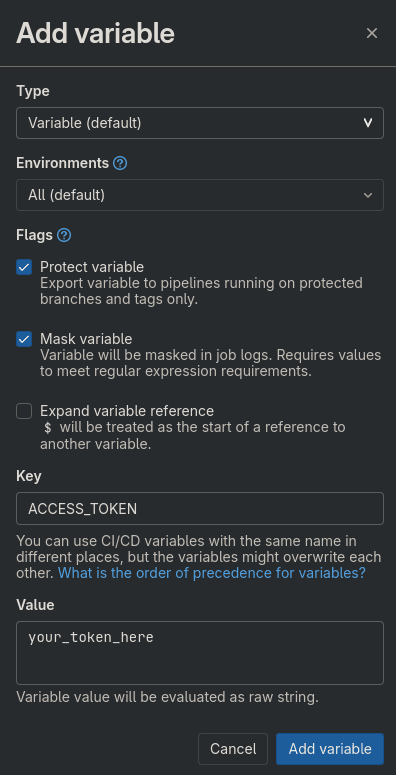 Screenshot of Gitlab variables configuration page