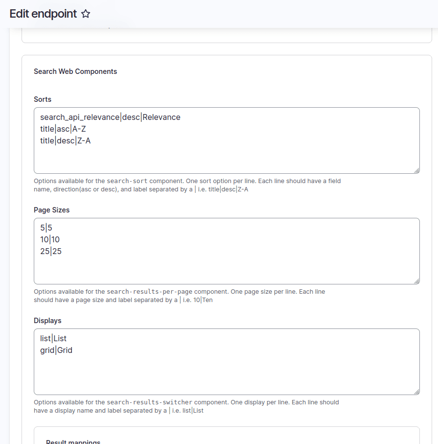 Screenshot of new sort, page size, and display types config form fields on a search endpoint page