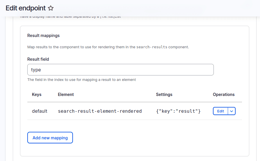 Screenshot of new result mapping form field on a search endpoint page
