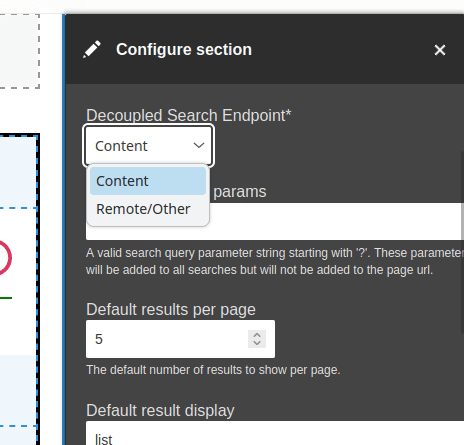 Screenshot of new index select field on the Search Root block form