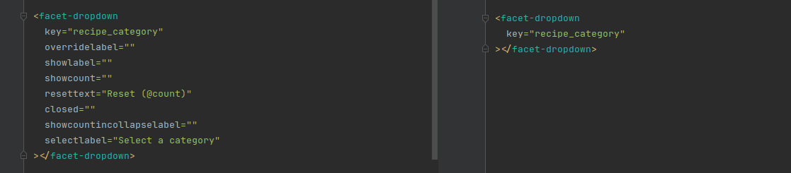Screenshot of before and after of the html for a facet-dropdown component showing that now only the key property is needed.