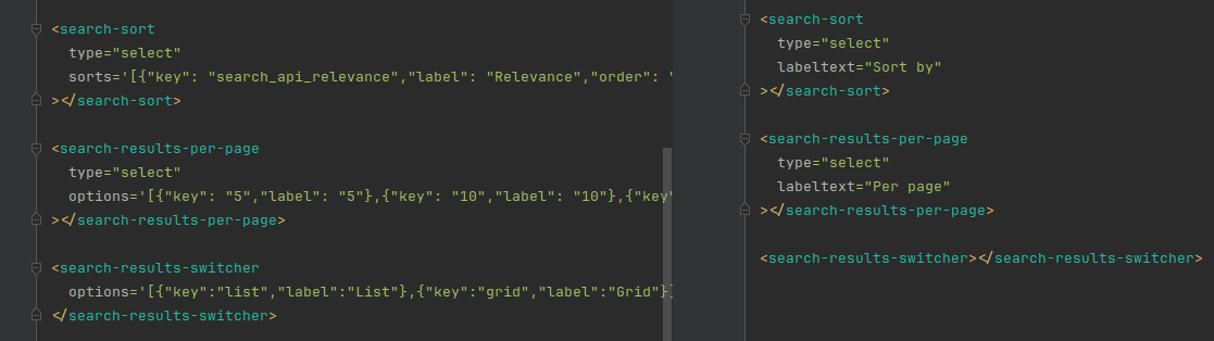 Screenshot of before and after of the html for search-sort, search-results-per-page, and search-results-switcher components showing that you no longer have to pass available options to them.