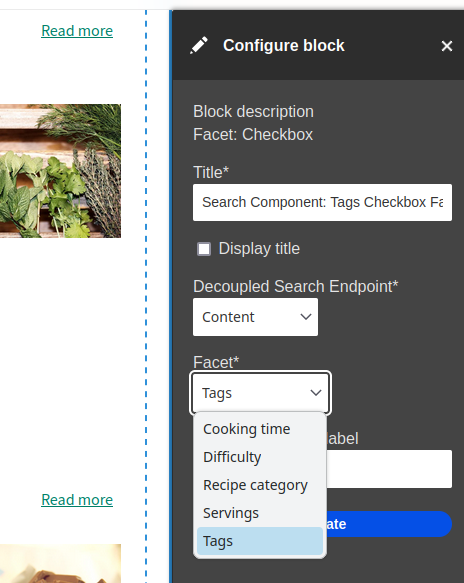Screenshot of new index and field select field on a Facet block form