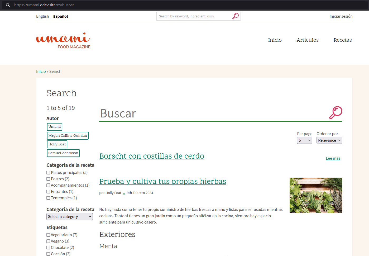 Screenshot of the Umami demo module's search page in spanish